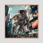 Affiche Flying astronaut in New York de MaxL encadrée, cadre en chêne clair