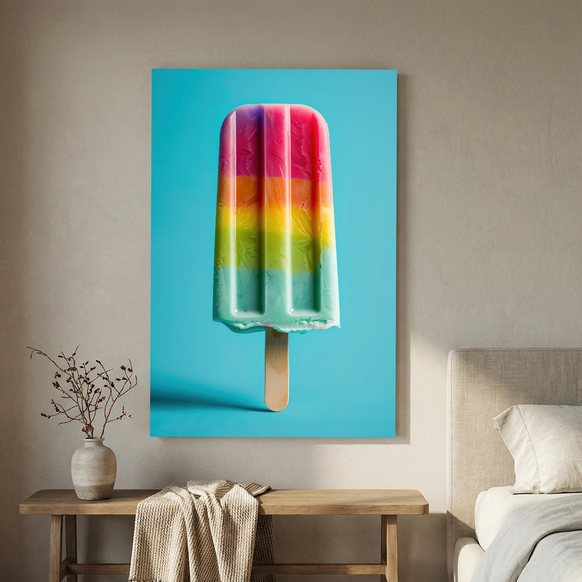 Affiche Frozen Rainbow de MaxL au-dessus d'une console en bois