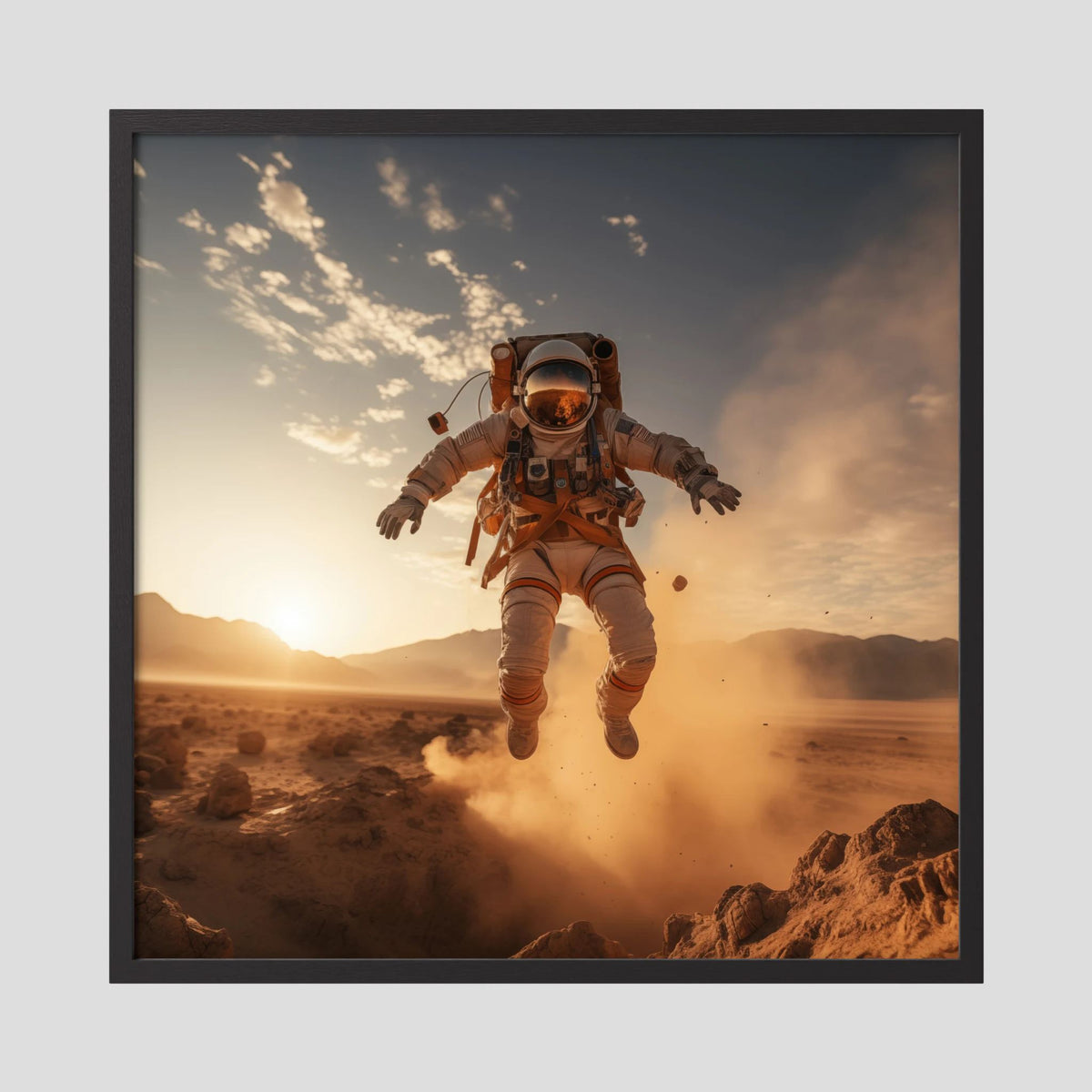 Affiche Flying astronaut in desert #2 de MaxL encadrée, cadre en bois noir