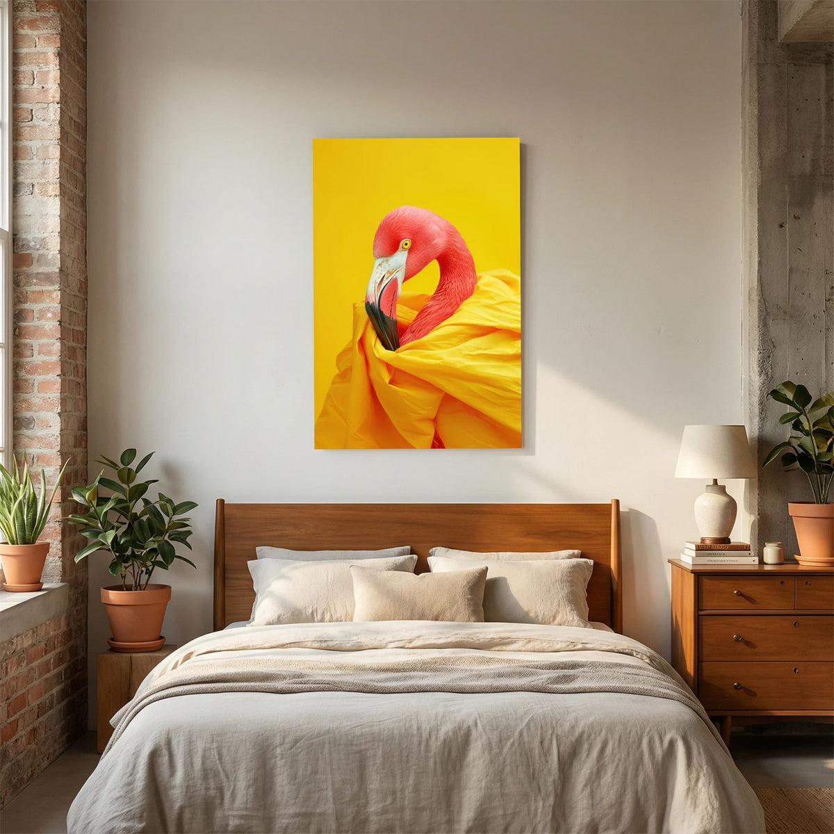 Affiche Diva Flamingo Portrait de MaxL au-dessus d'un lit, dans une chambre