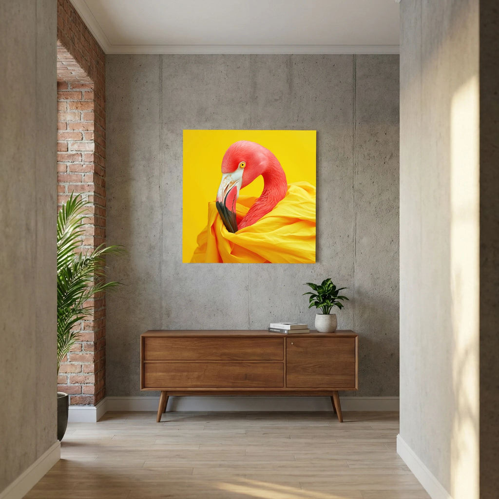 Affiche Diva Flamingo Carré de MaxL au-dessus d'un buffet en bois