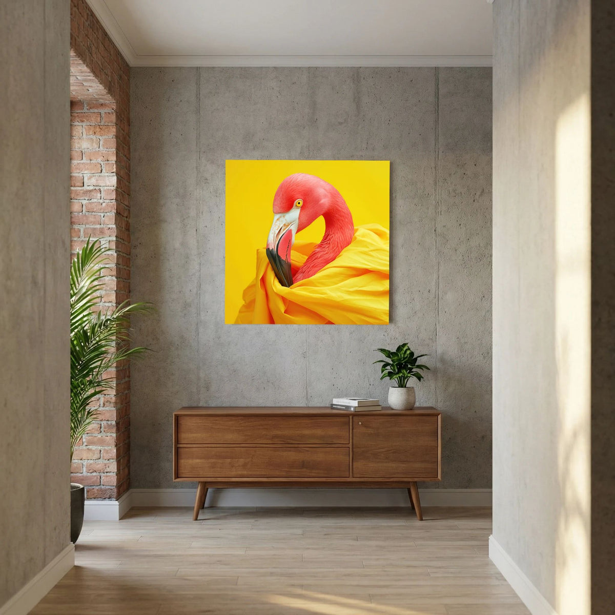 Affiche Diva Flamingo Carré de MaxL au-dessus d'un buffet en bois