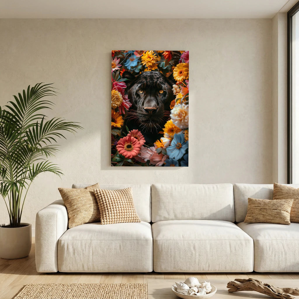 Affiche Black Panther Flowers de MaxL au-dessus d'un canapé, dans un salon