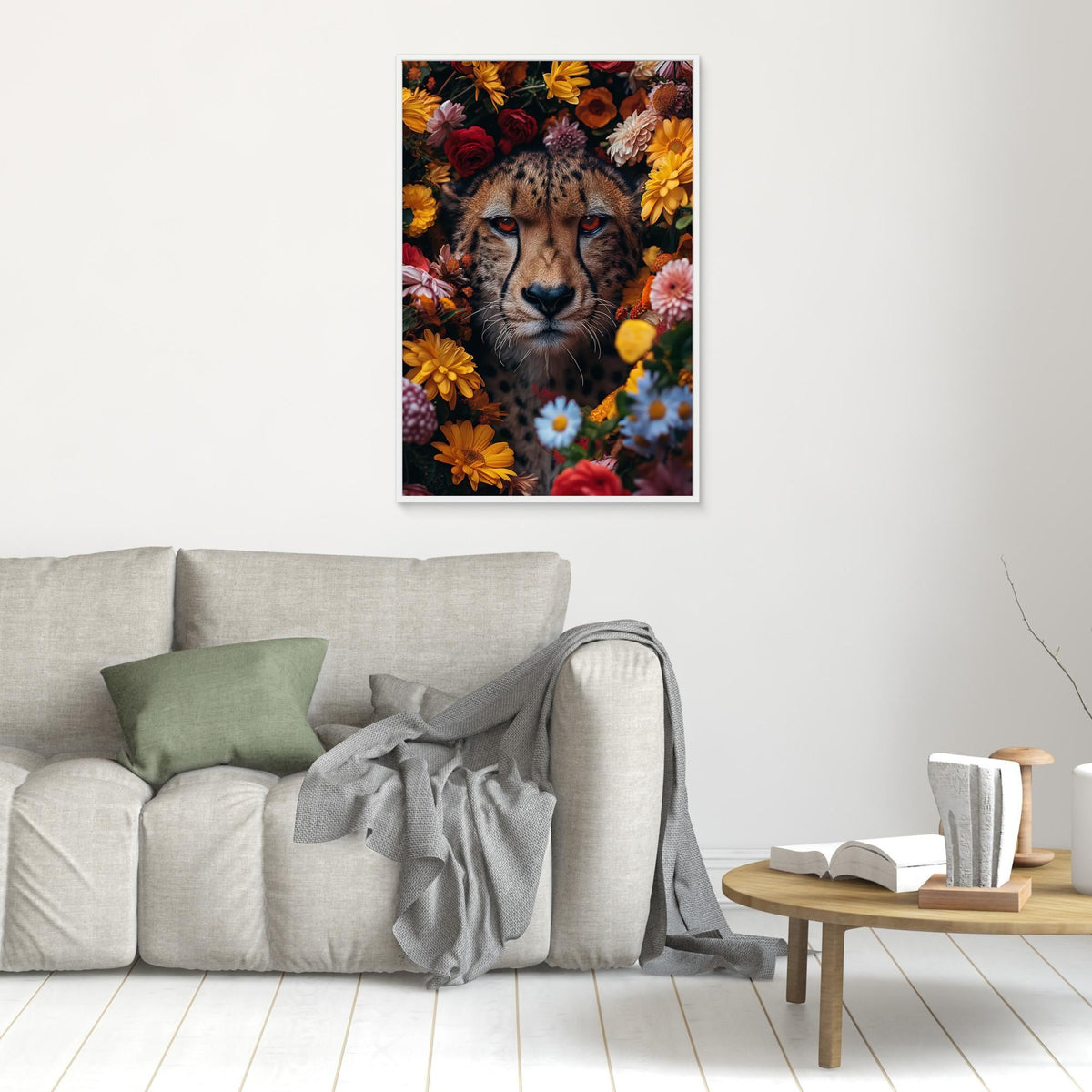 Cheetah Flowers portrait, tirage sur toile de MaxL au mur, mise en situation 1