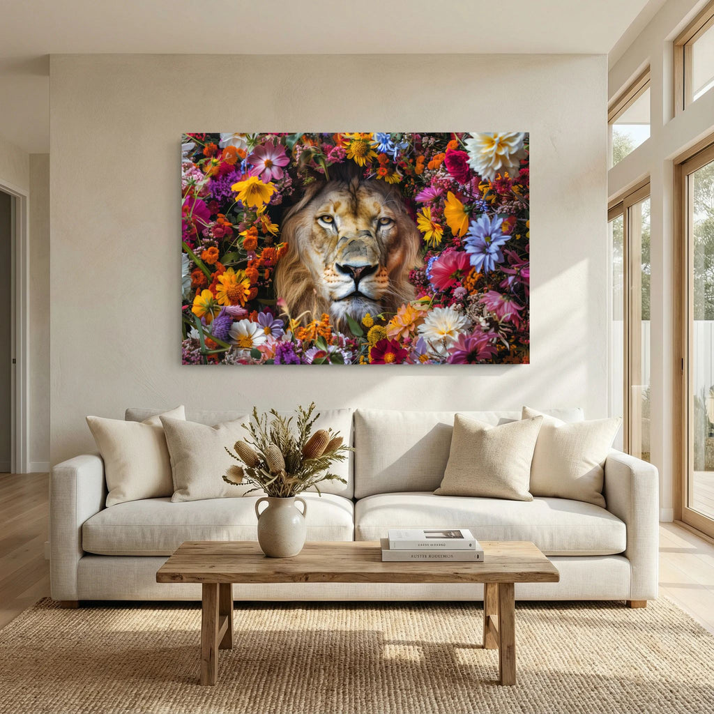 Affiche Lion Flowers #2 Paysage de MaxL au-dessus d'un canapé, dans un salon