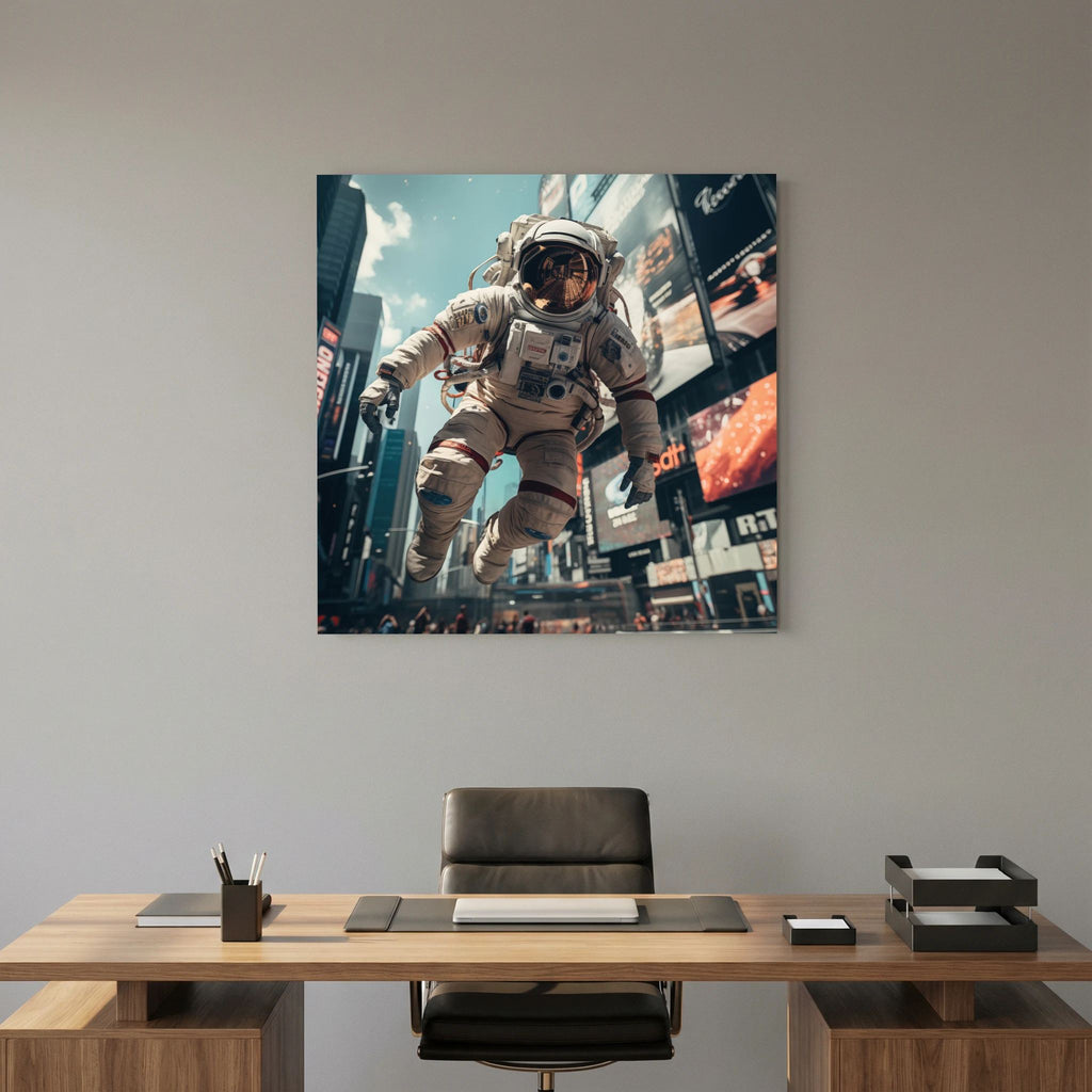 Affiche Flying astronaut in New York de MaxL au-dessus d'un bureau en bois