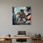 Affiche Flying astronaut in New York de MaxL au-dessus d'un bureau en bois