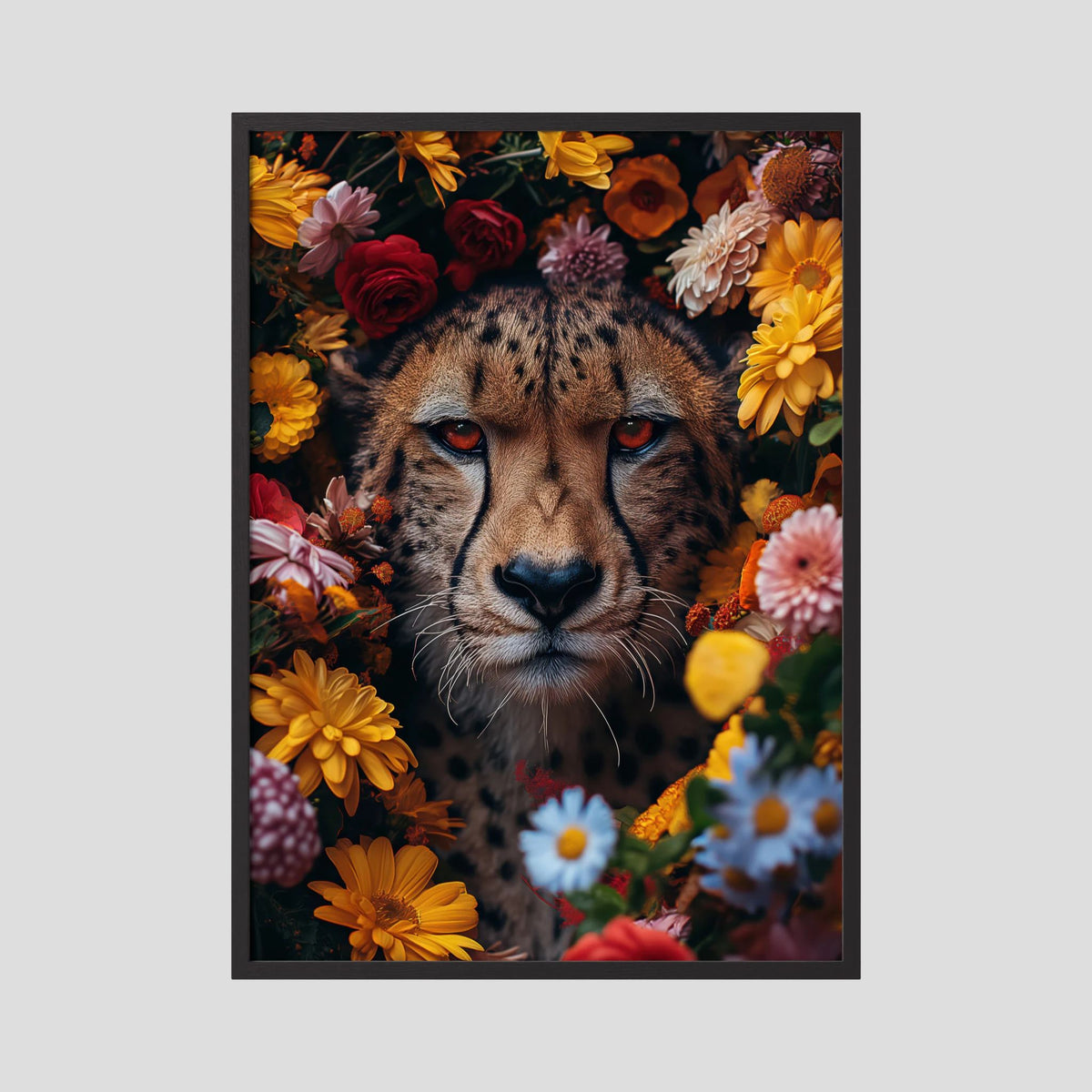 Affiche Cheetah Flowers Portrait de MaxL encadrée, cadre en bois noir