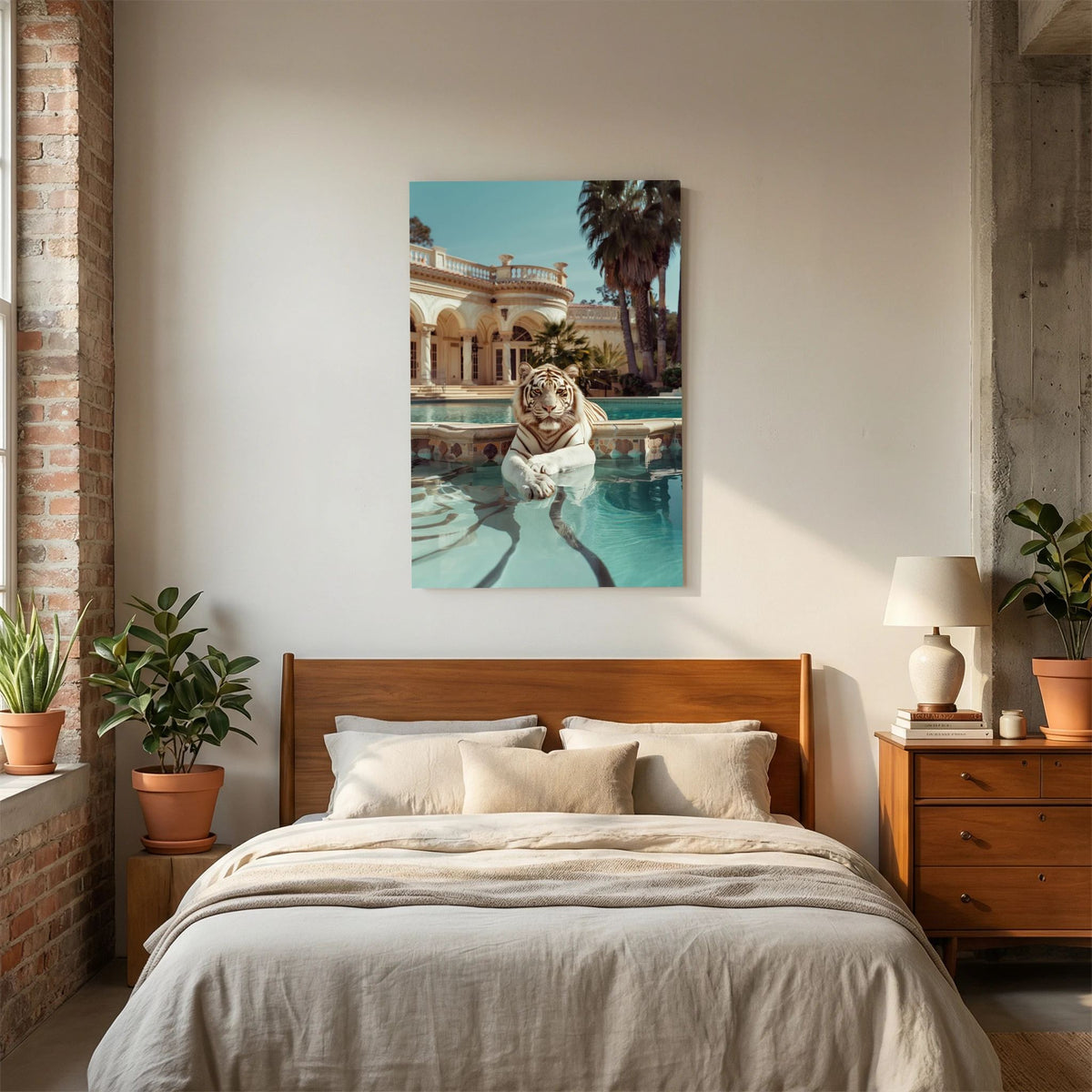 Affiche Tiger Nap de MaxL au-dessus d'un lit, dans une chambre