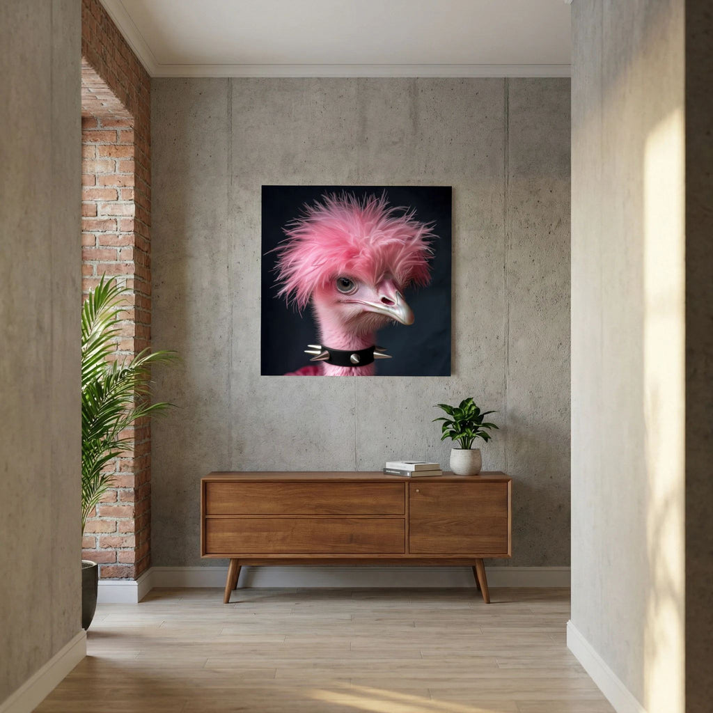 Affiche Punk Autruche de MaxL au-dessus d'un buffet en bois