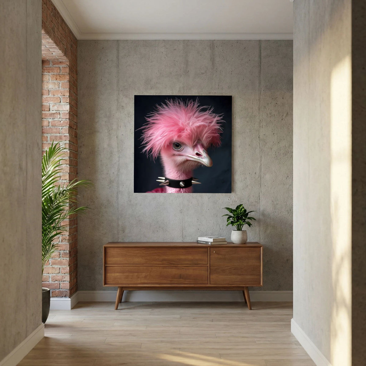 Affiche Punk Autruche de MaxL au-dessus d'un buffet en bois
