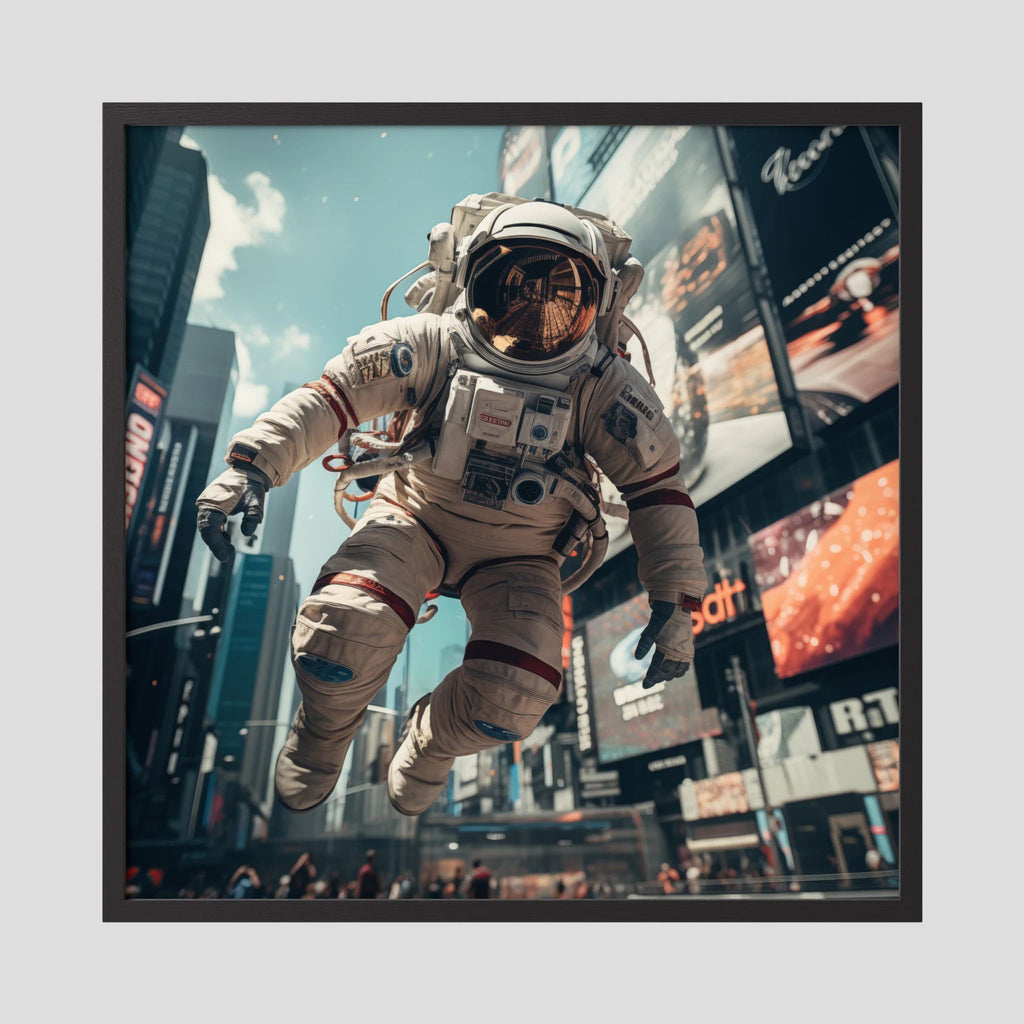 Affiche Flying astronaut in New York de MaxL encadrée, cadre en bois noir