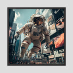 Affiche Flying astronaut in New York de MaxL encadrée, cadre en bois noir
