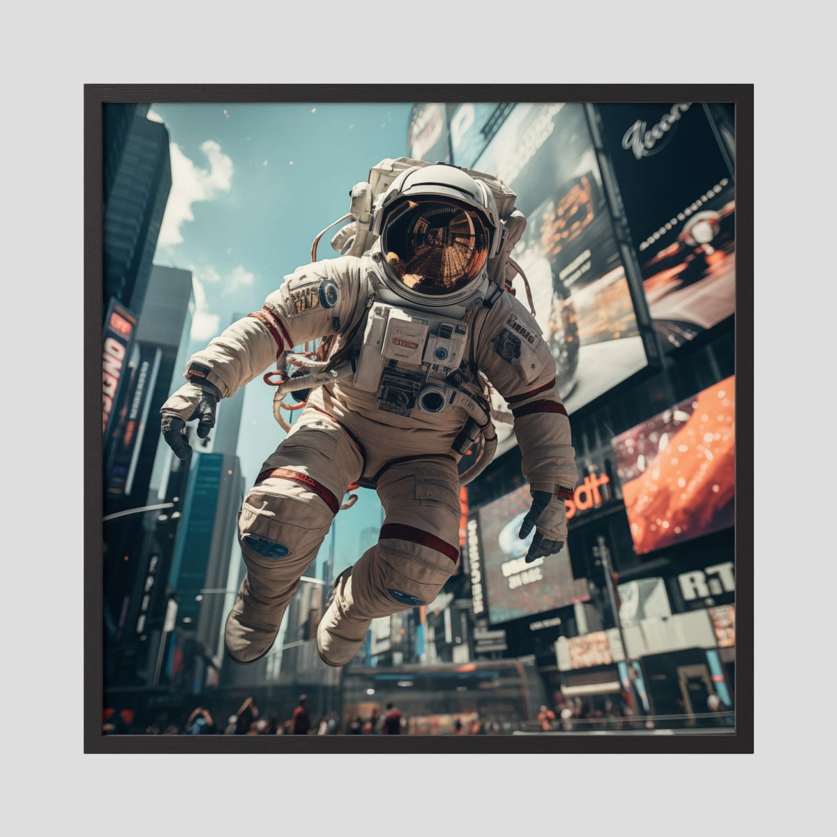 Affiche Flying astronaut in New York de MaxL encadrée, cadre en bois noir