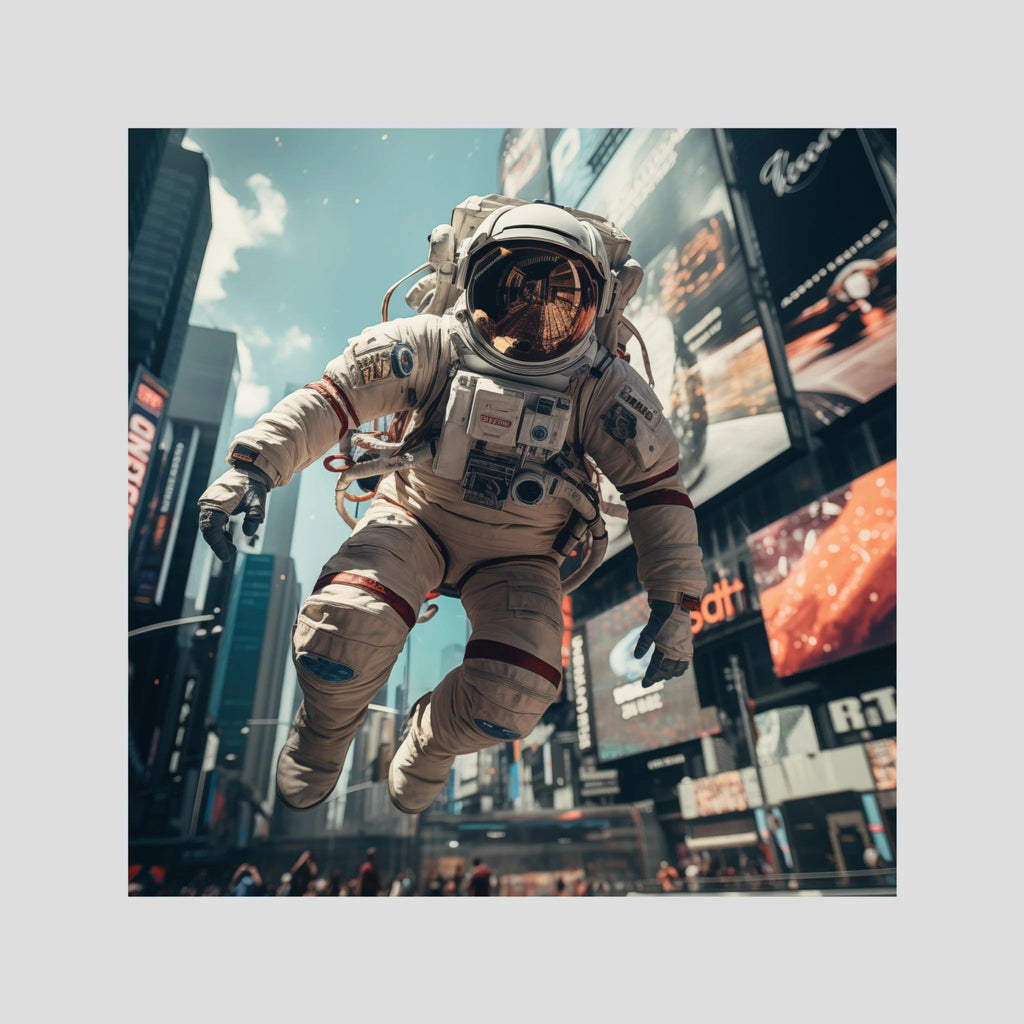 Flying astronaut in New York, affiche sur papier fine art de MaxL : un astronaute qui flotte entre les gratte-ciel de New York