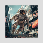 Flying astronaut in New York, affiche sur papier fine art de MaxL : un astronaute qui flotte entre les gratte-ciel de New York