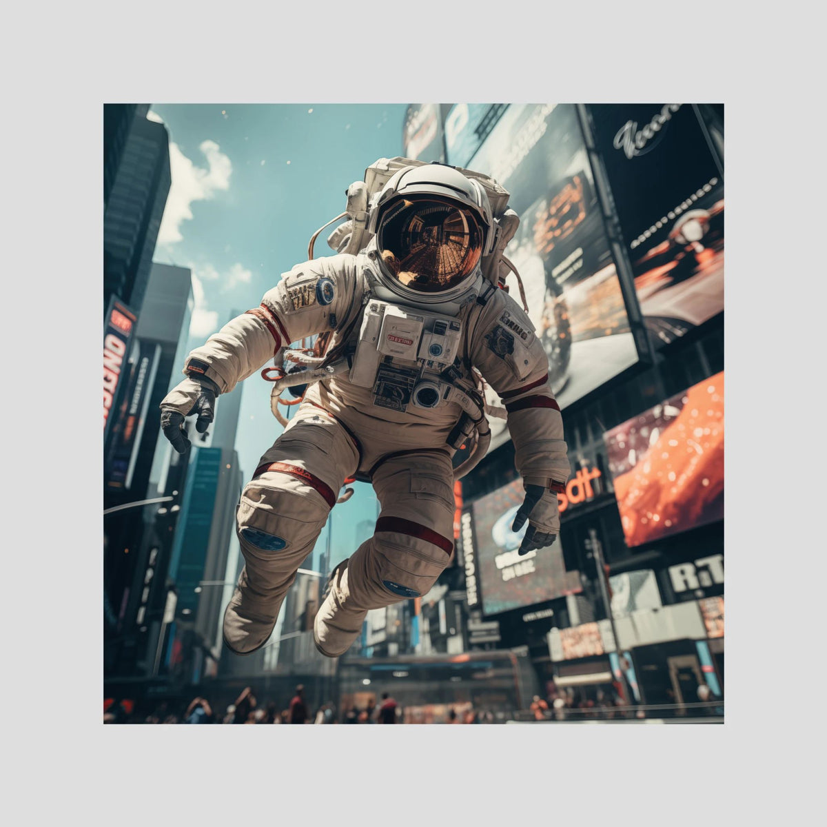 Flying astronaut in New York, affiche sur papier fine art de MaxL : un astronaute qui flotte entre les gratte-ciel de New York