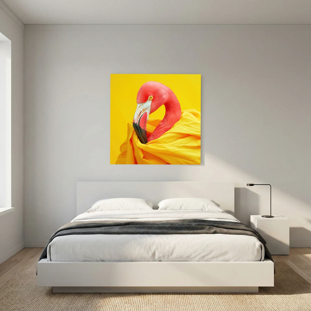 Affiche Diva Flamingo Carré de MaxL au-dessus d'un lit, dans une chambre