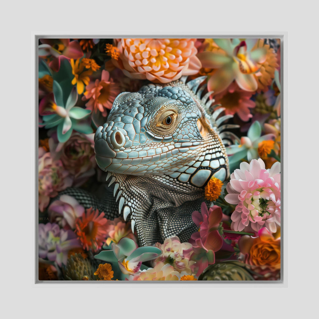 Iguana Flowers, tirage sur toile de MaxL avec cadre blanc