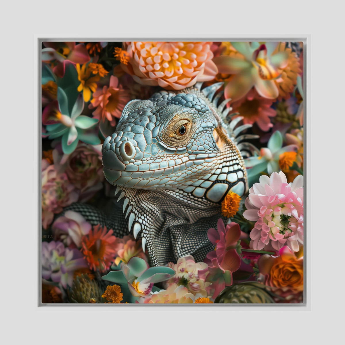 Iguana Flowers, tirage sur toile de MaxL avec cadre blanc