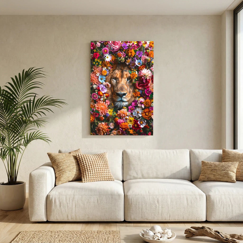 Affiche Lion Flowers Portrait de MaxL au-dessus d'un canapé, dans un salon