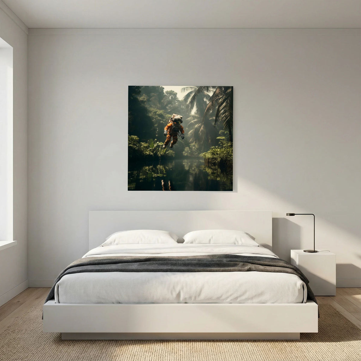 Affiche Flying astronaut in jungle de MaxL au-dessus d'un lit, dans une chambre