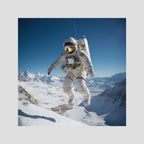 Flying astronaut in Mountains, affiche sur papier fine art de MaxL : un astronaute qui flotte au-dessus de montagnes enneigées