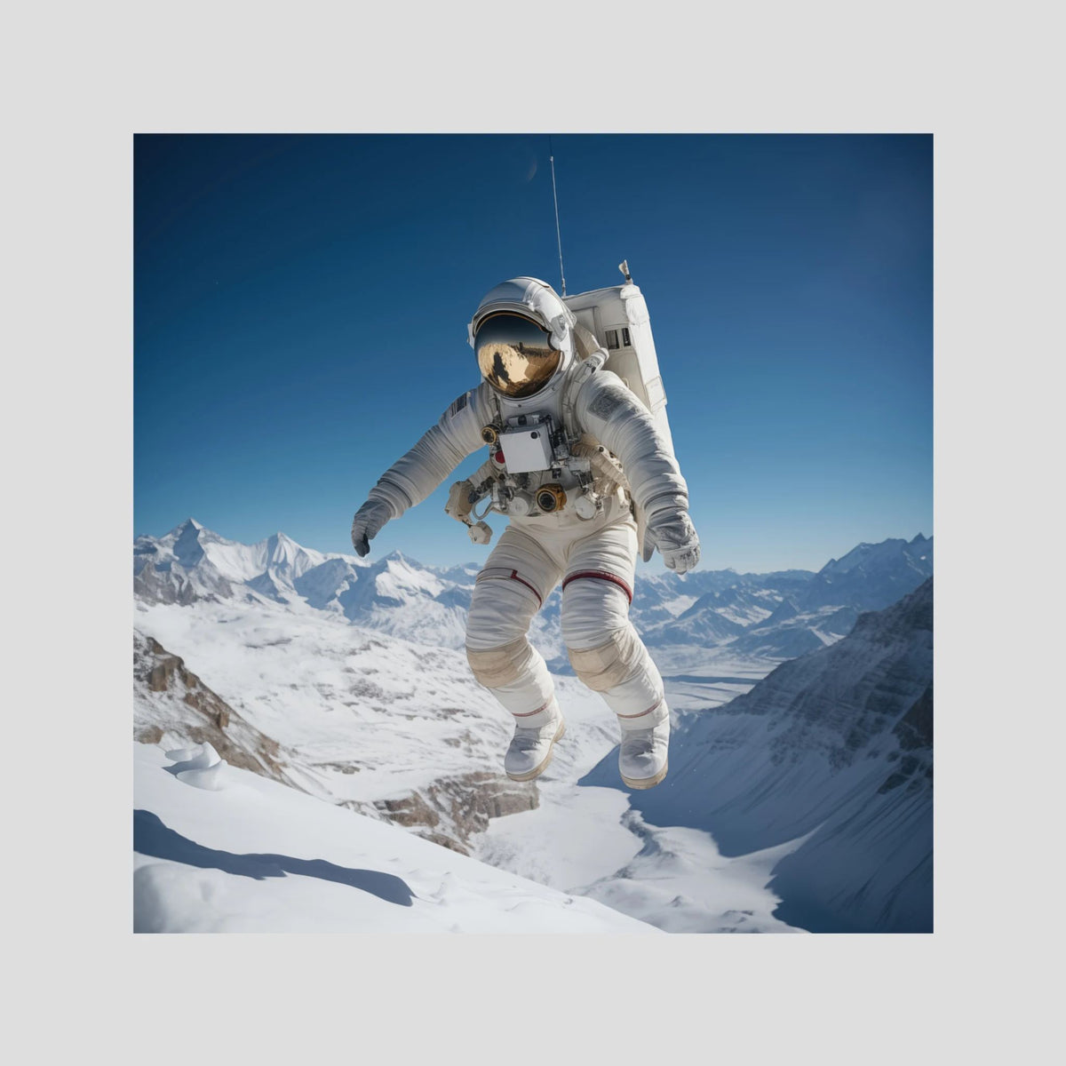 Flying astronaut in Mountains, affiche sur papier fine art de MaxL : un astronaute qui flotte au-dessus de montagnes enneigées
