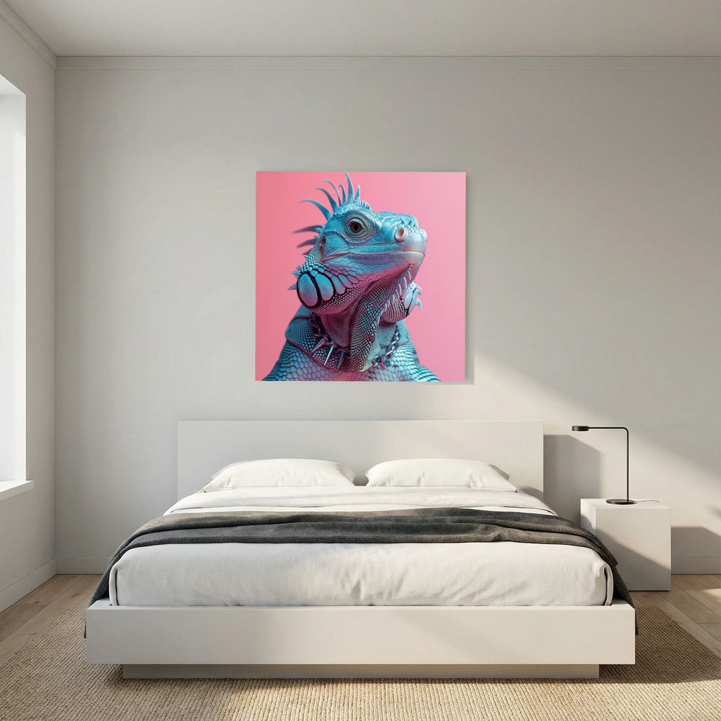 Affiche Punk Iguane de MaxL au-dessus d'un lit, dans une chambre