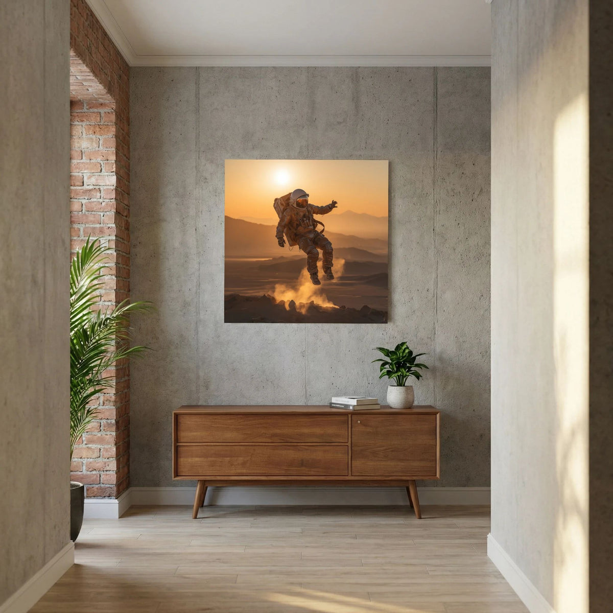 Affiche Flying astronaut in desert de MaxL au-dessus d'un buffet en bois