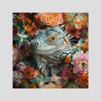 Iguana Flowers, affiche sur papier fine art de MaxL : un iguane gris-bleu au milieu de fleurs roses et pêche