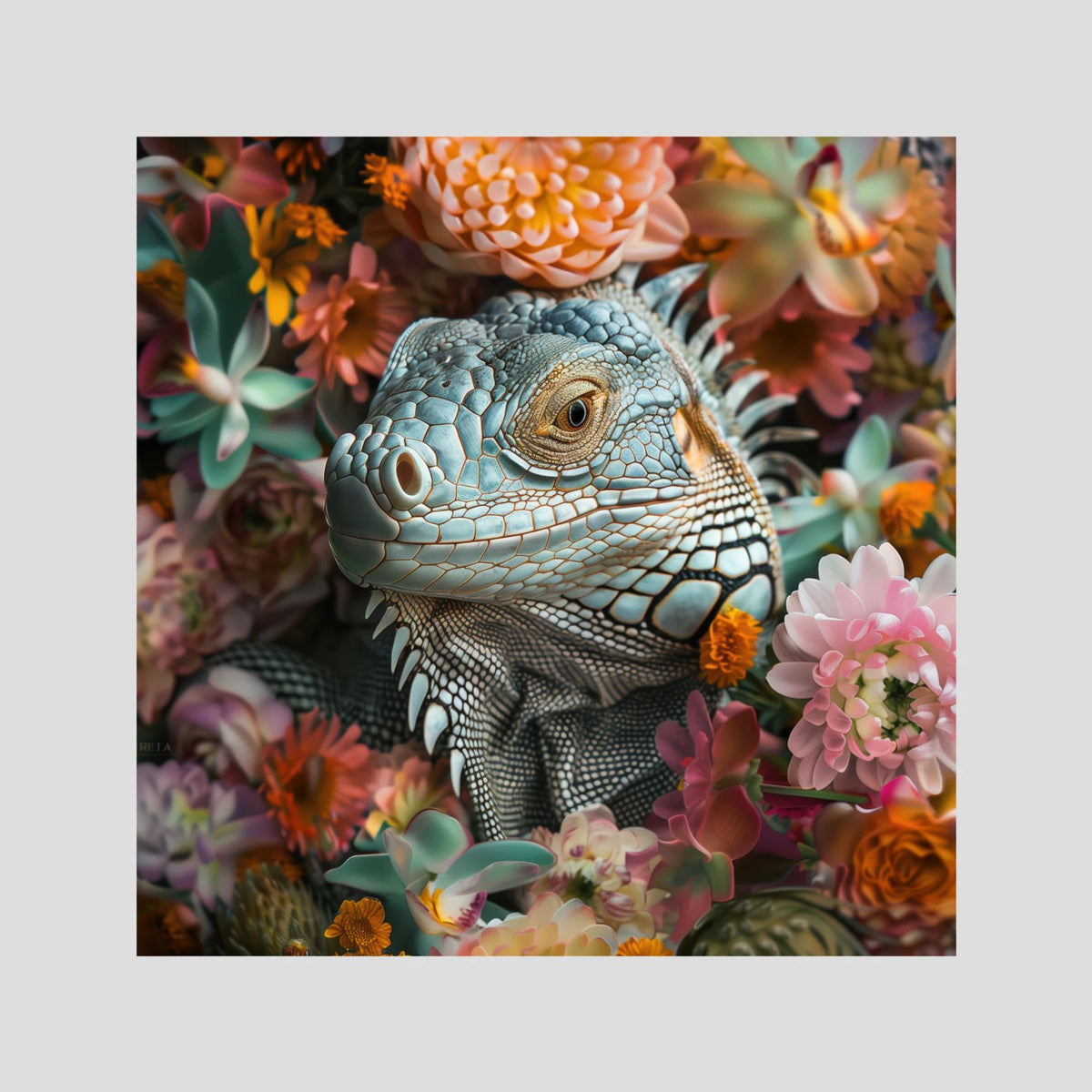 Iguana Flowers, affiche sur papier fine art de MaxL : un iguane gris-bleu au milieu de fleurs roses et pêche