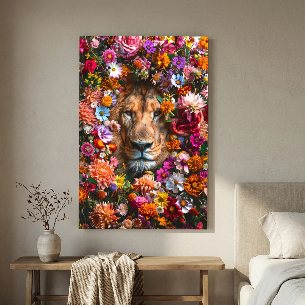 Affiche Lion Flowers Portrait de MaxL au-dessus d'une console en bois