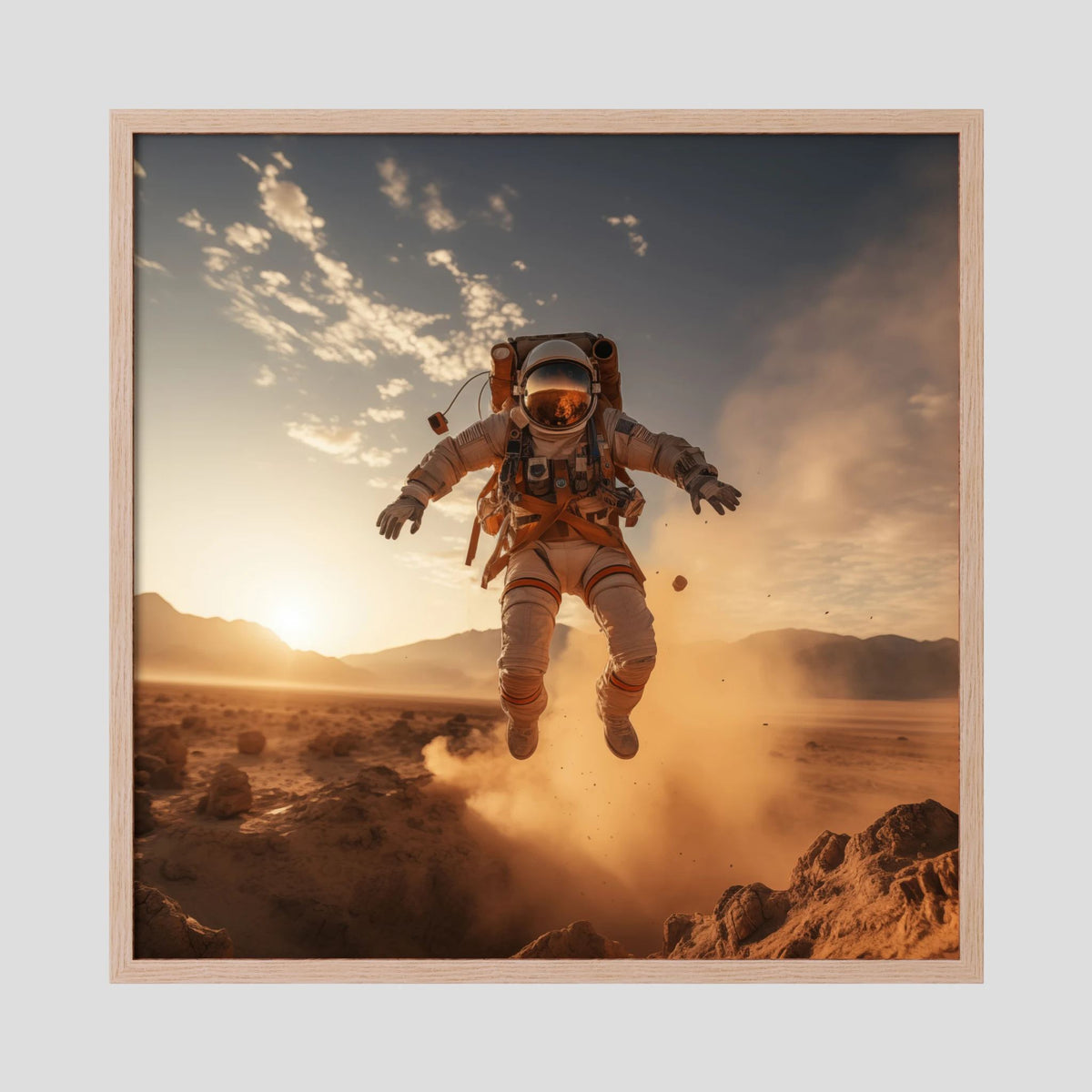 Affiche Flying astronaut in desert #2 de MaxL encadrée, cadre en chêne clair