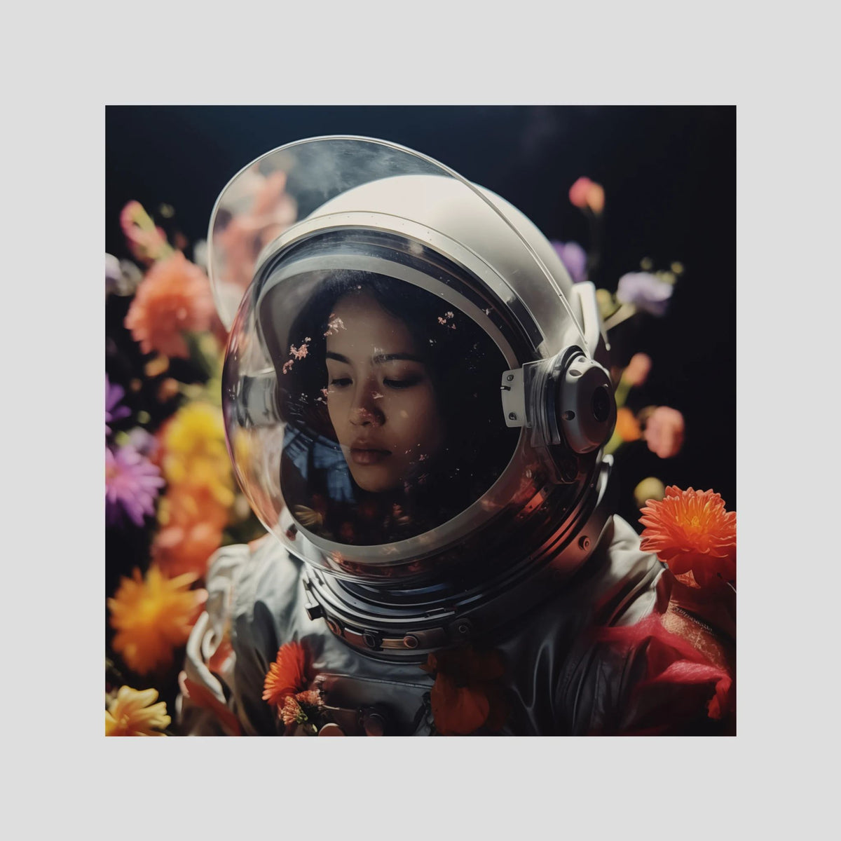 Flowers in space #2, affiche sur papier fine art de MaxL : une astronaute au casque transparent, entourée de fleurs