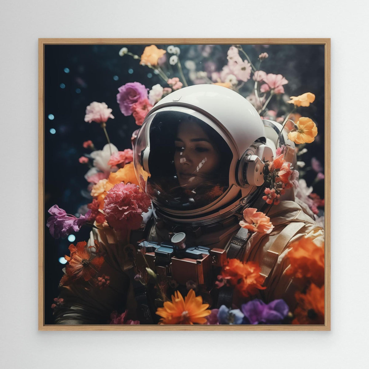 Flowers in space #3, tirage sur toile de MaxL avec cadre chêne