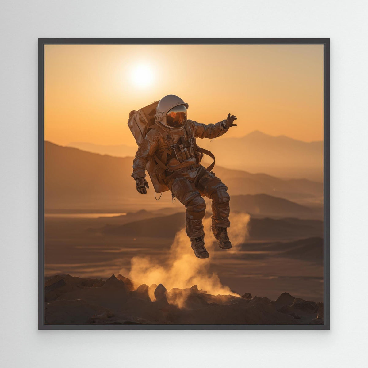 Flying astronaut in desert, tirage sur toile de MaxL avec cadre noir