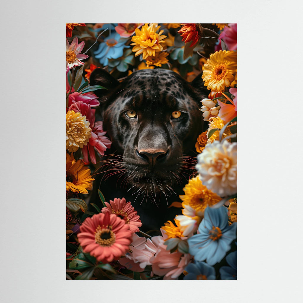 Black Panther Flowers, affiche sur papier fine art de MaxL : une panthère noire entourée de fleurs colorées