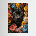 Black Panther Flowers, affiche sur papier fine art de MaxL : une panthère noire entourée de fleurs colorées