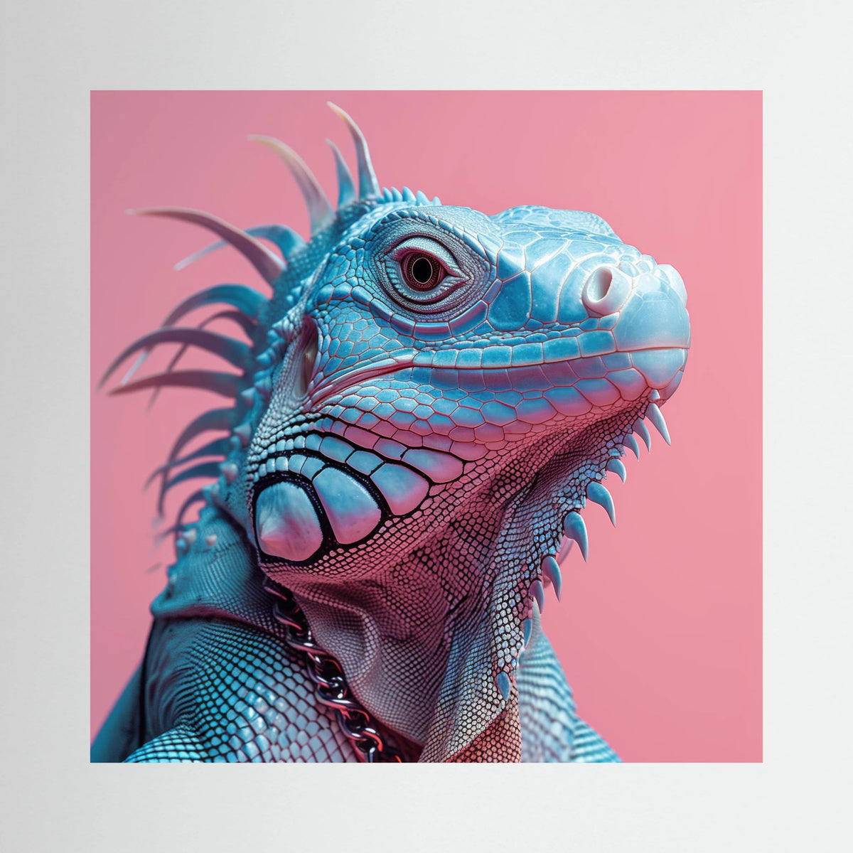 Punk Iguane 2, affiche sur papier fine art de MaxL : un iguane bleu portant une chaîne, sur fond rose