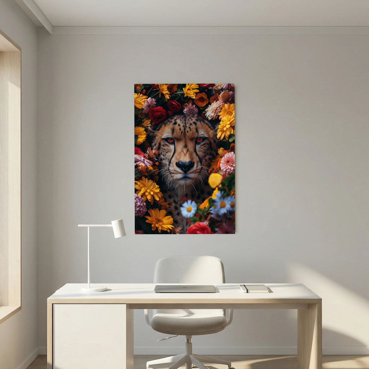 Affiche Cheetah Flowers Portrait de MaxL au-dessus d'un bureau blanc
