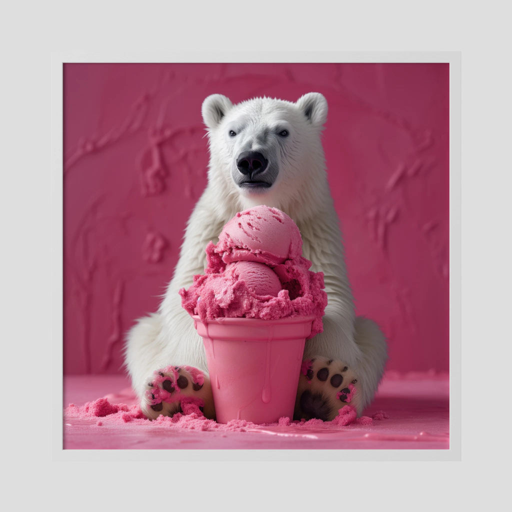 Affiche Pink Polar Ice Cream de MaxL encadrée, cadre en bois blanc