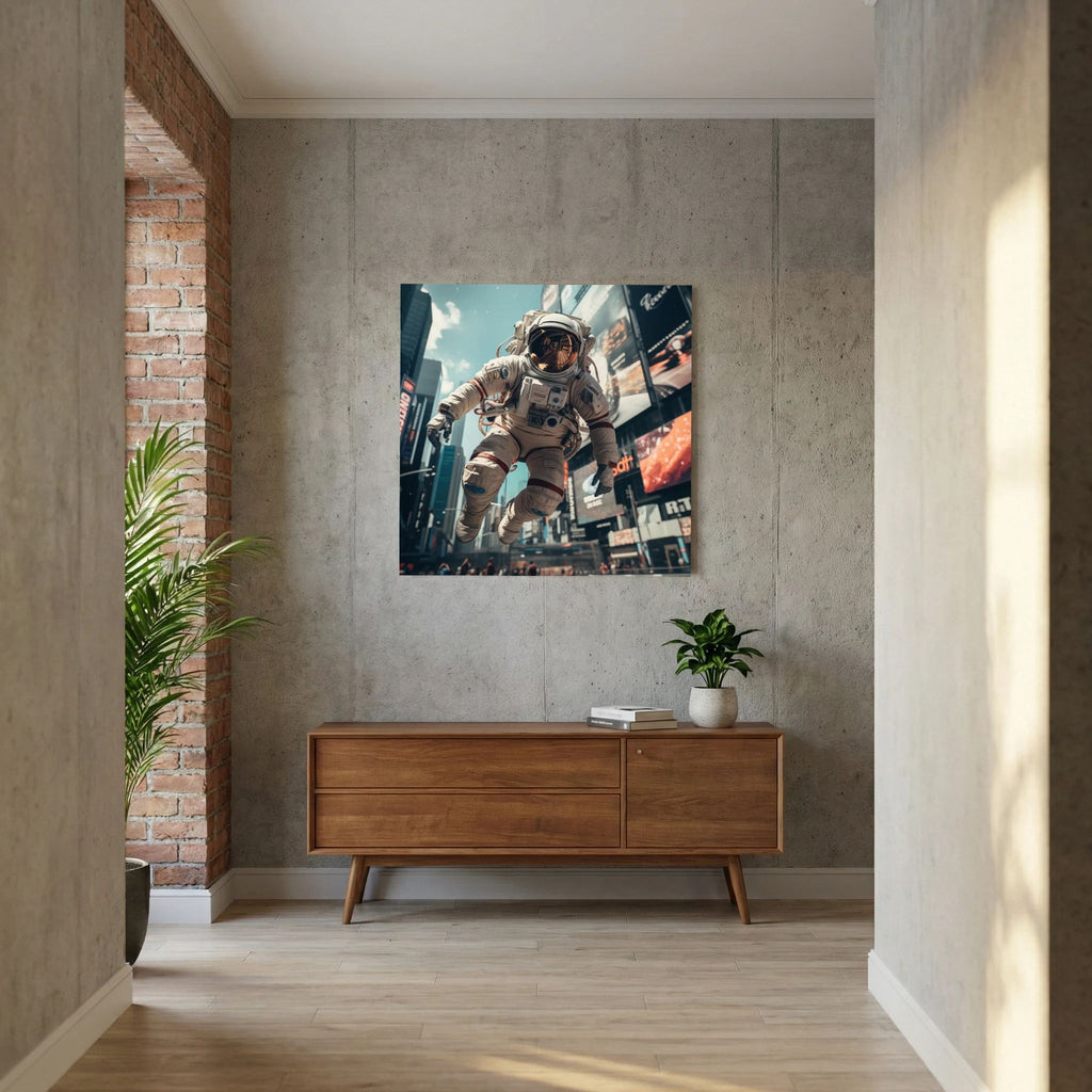 Affiche Flying astronaut in New York de MaxL au-dessus d'un buffet en bois