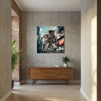 Affiche Flying astronaut in New York de MaxL au-dessus d'un buffet en bois