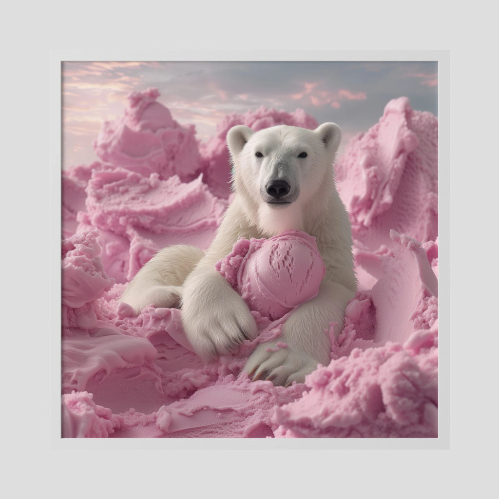 Affiche Pink Polar Ice Cream #2 de MaxL encadrée, cadre en bois blanc