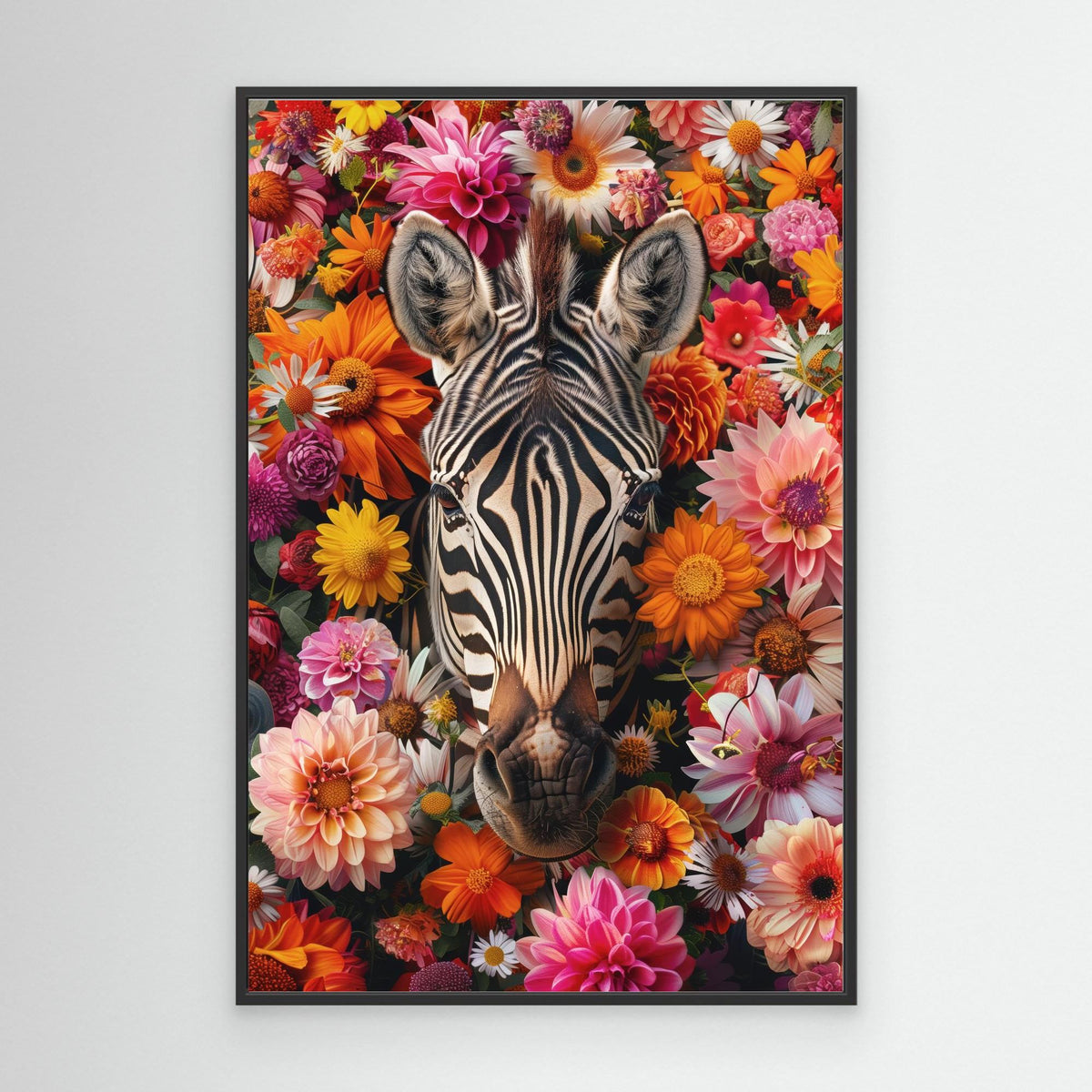 Zebra Flowers Portrait, tirage sur toile de MaxL avec cadre noir