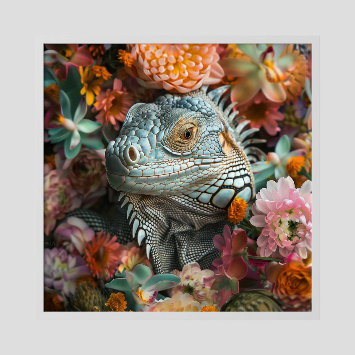 Affiche Iguana Flowers de MaxL encadrée, cadre en bois blanc