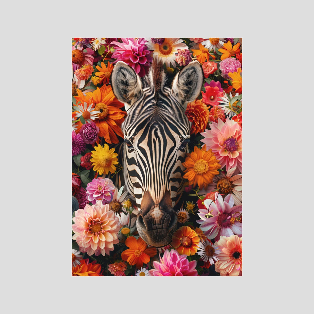 Zebra Flowers Portrait, affiche sur papier fine art de MaxL : un zèbre entouré de fleurs aux couleurs vives