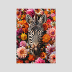Zebra Flowers Portrait, affiche sur papier fine art de MaxL : un zèbre entouré de fleurs aux couleurs vives