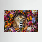 Lion Flowers #2 Paysage, affiche sur papier fine art de MaxL : un lion entouré de fleurs multicolores, en format paysage